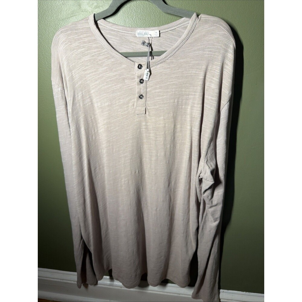 NWT Barefoot Dreams Henley Shirt Mens XL Tan Long Sleeve Side Slit Pullover Tee